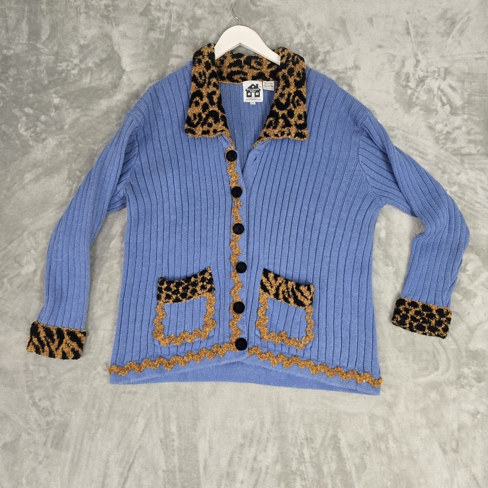 Storybook Knits Leopard Trim Cardigan Sweater Womens 1X Blue Novelty Artsy